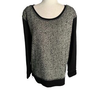 Cynthia Rowley Boucle Sweater Top L Black Long Sleeve Side Zip Stretch Sleeves